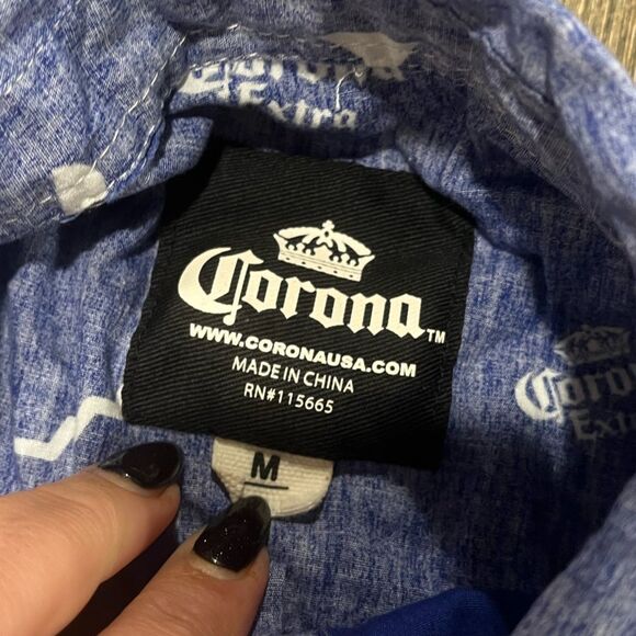 Corona Extra All Over Button-Down Shirt Short Sleeve Cotton Faded Blue White M - Picture 4 of 5